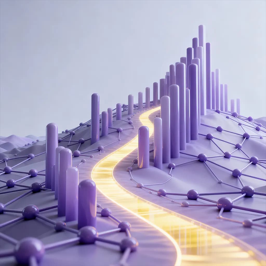 Rising bar chart along a glowing path through a network