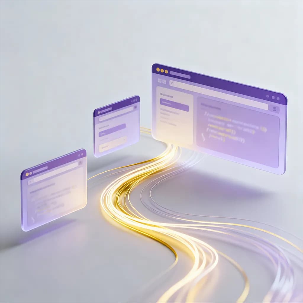 Translucent website windows connected by flowing golden light