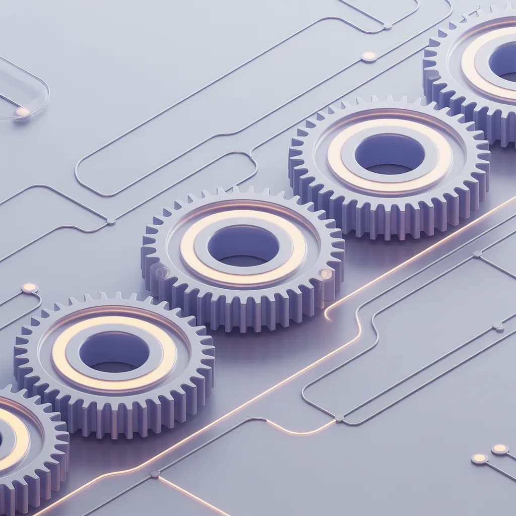 Interlocking gears on a glowing circuit board