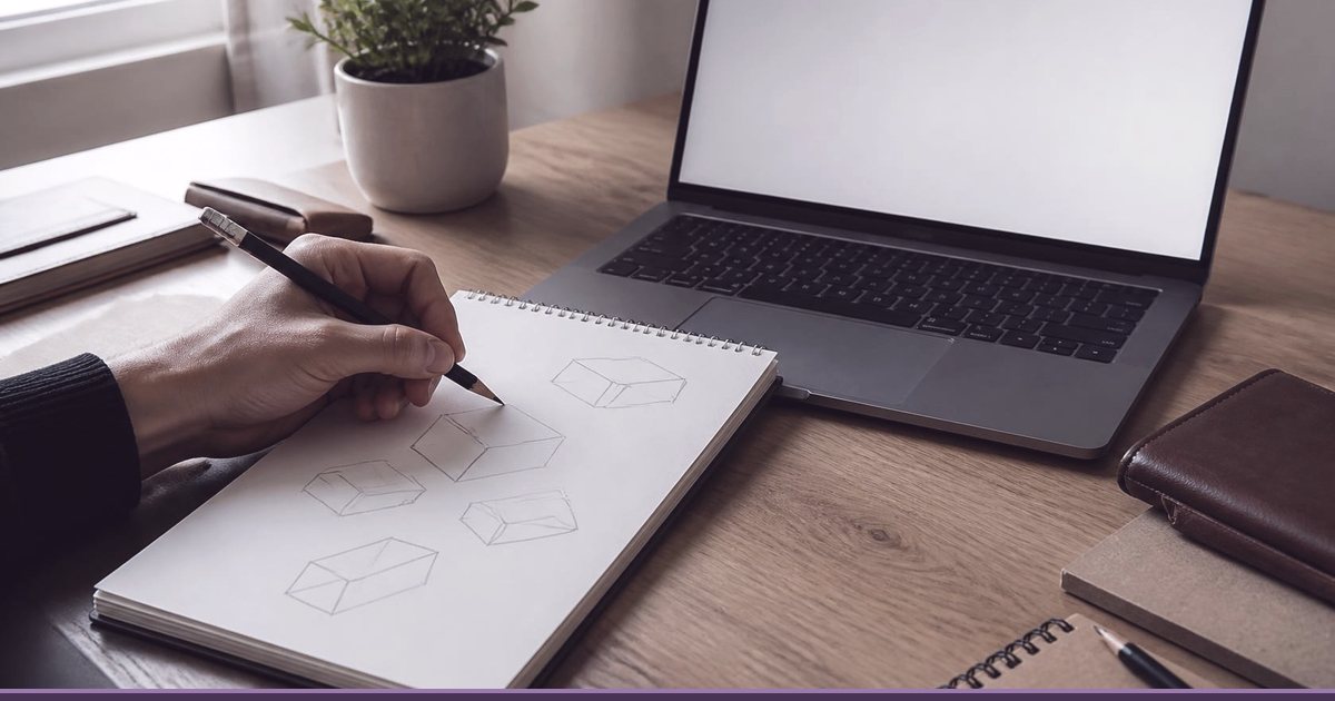 Hand sketching website wireframes in a notebook beside a laptop