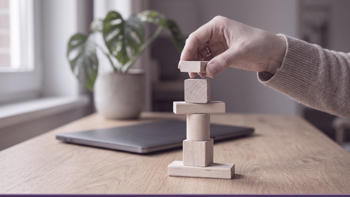 Hand placing a wooden block on top of a small balanced stack, like the layers of plugins that make up an Elementor and Crocoblock website
