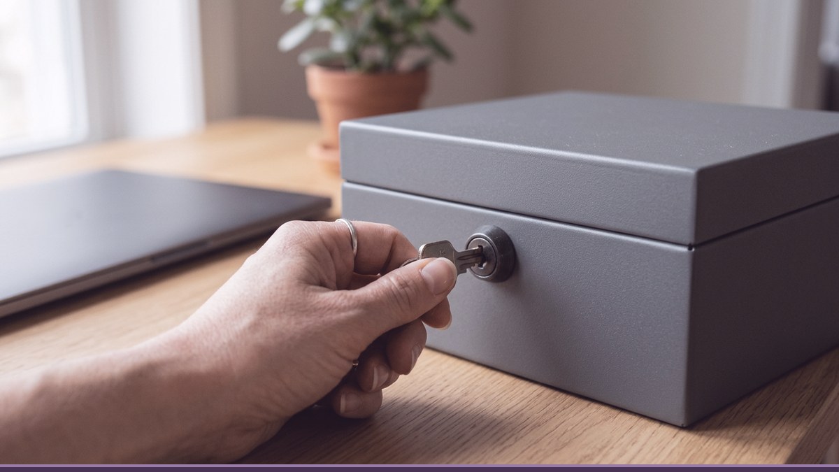 Hand turning a key in a grey lock box on a desk, securing an inherited WordPress site during the first week