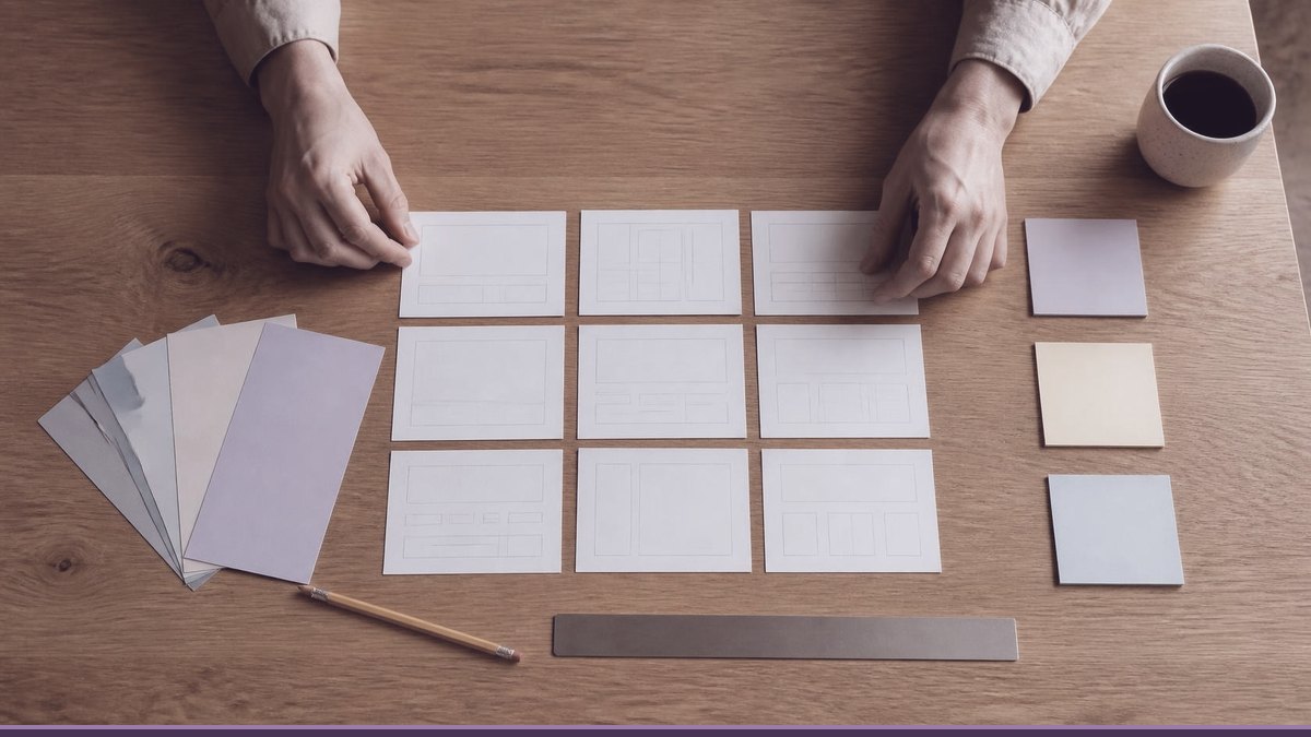 Hands arranging paper wireframe cards on a desk while planning a business website