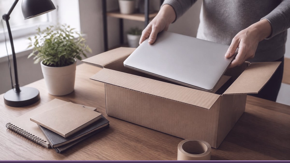 Person packing a closed laptop into a cardboard box, moving a website to a new platform