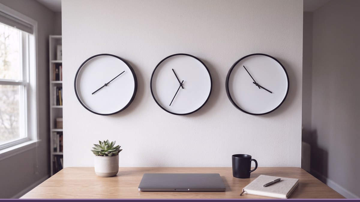 Three wall clocks showing different times above a tidy home office desk, a nod to time zones when hiring a website maintainer in another country