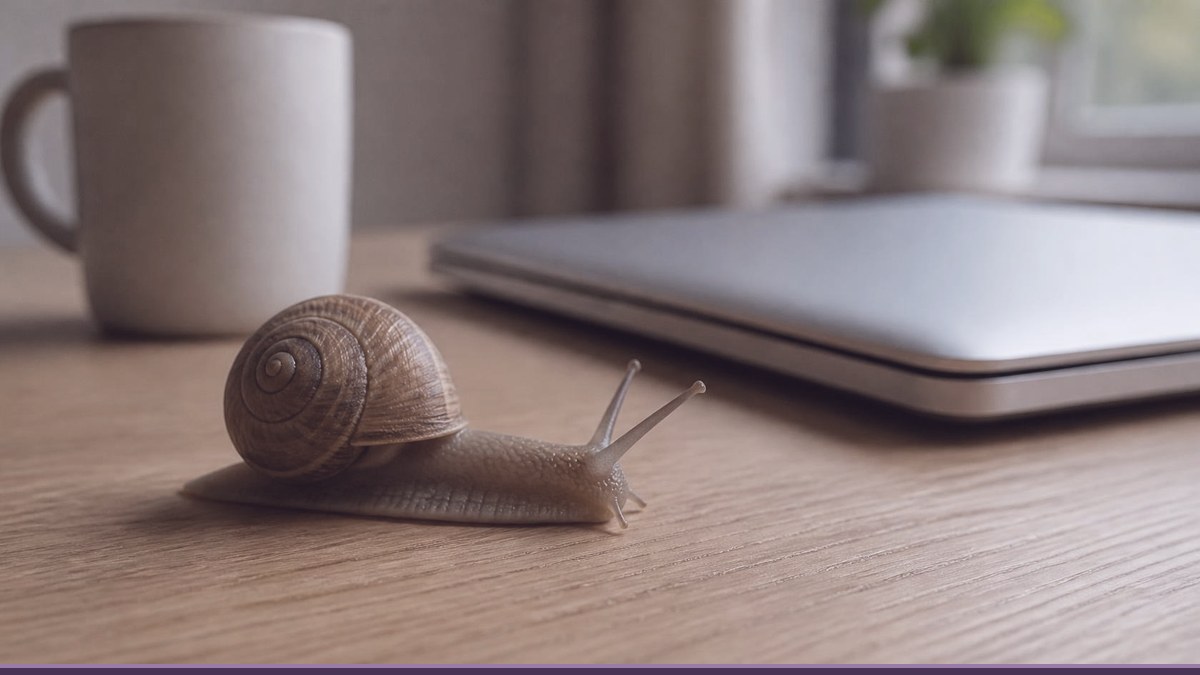 Snail crawling across a wooden desk in front of a closed laptop, a reminder of WordPress pages that keep getting slower