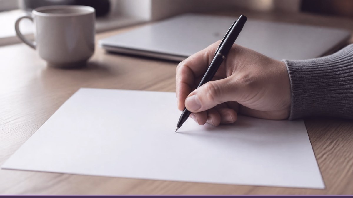 Hand holding a pen over a blank sheet of paper on a wooden desk, about to sign a website maintenance agreement
