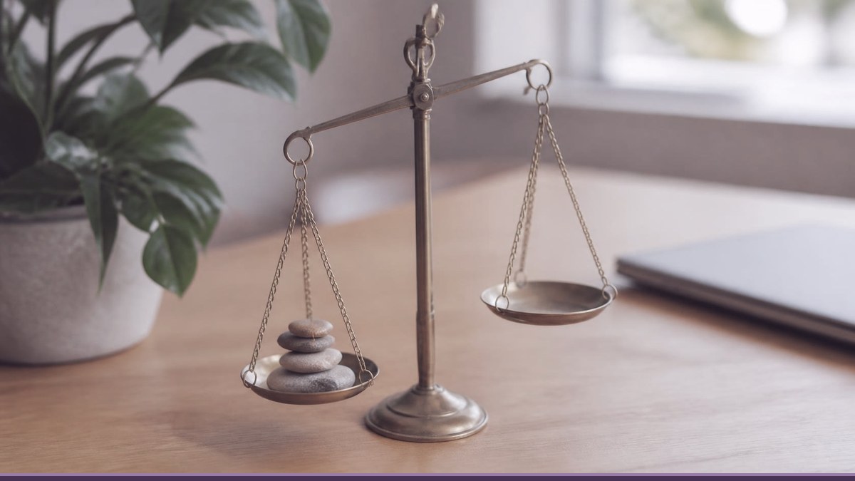 Brass balance scale with stacked pebbles on a wooden desk, comparing website maintenance costs in the UK, Europe and Malaysia