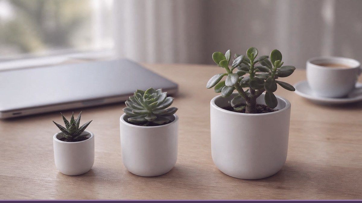 Three succulents in white pots of increasing size on a wooden desk beside a closed laptop, like three tiers of website maintenance plans in Malaysia