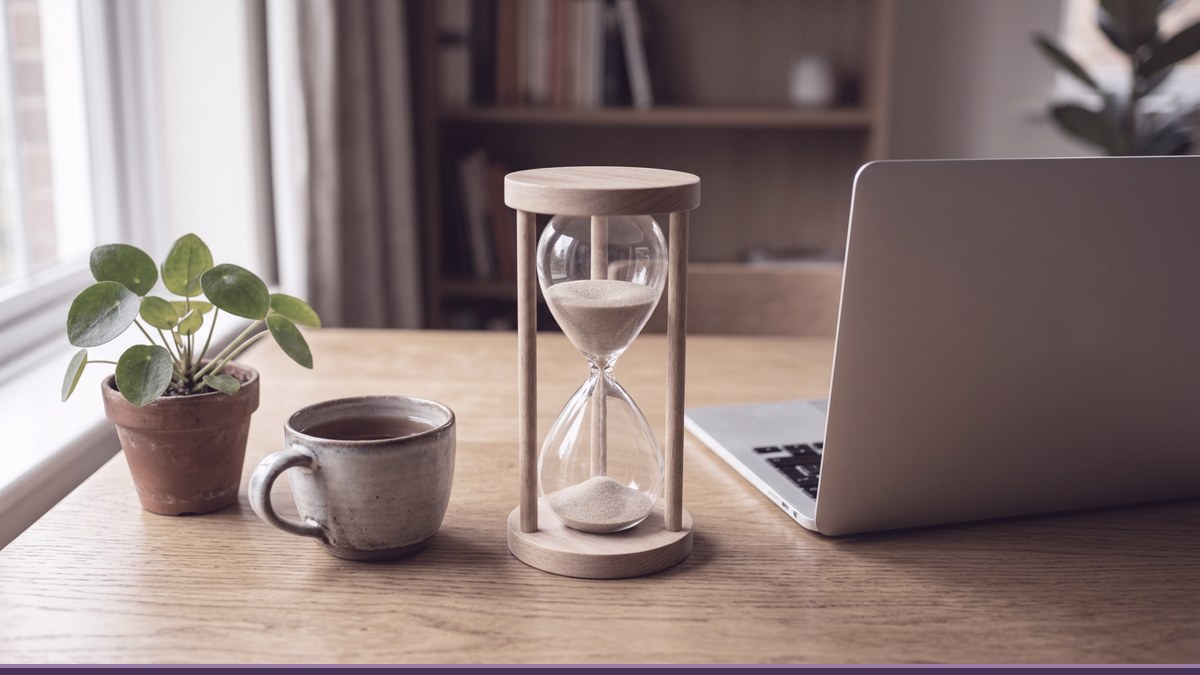 Sand timer on a wooden desk beside a laptop, a cup of tea and a plant, timing a short weekly WordPress maintenance session