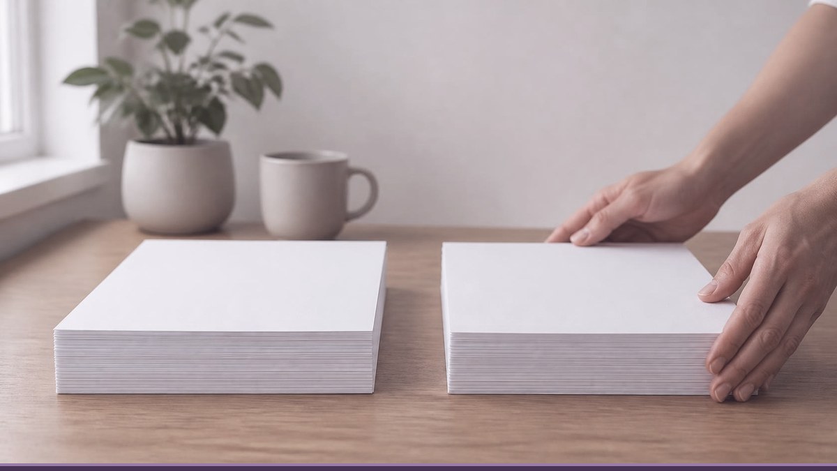 Two identical stacks of paper side by side on a wooden desk with a hand squaring one, showing the spare copy that WordPress backup tools keep