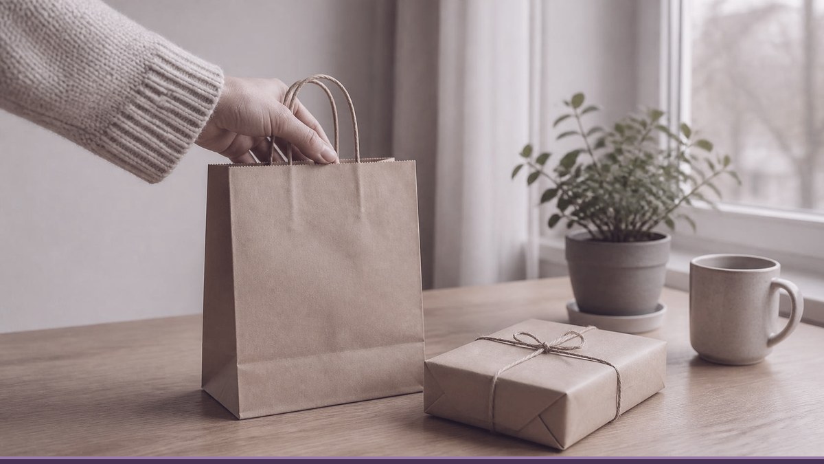 Hand setting down a kraft paper shopping bag next to a wrapped parcel, a reminder that a WordPress care plan should test forms and checkout