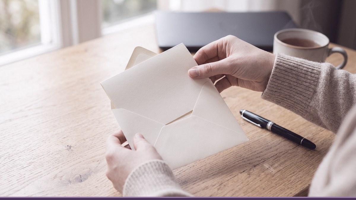 Hands sliding a blank card into an envelope beside a pen and a cup of tea, like a short WordPress care plan report written by a person