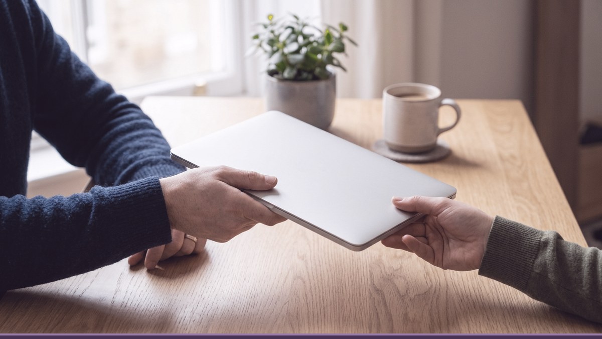 One person handing a closed laptop to another across a wooden table, taking over an inherited WordPress site and its accounts