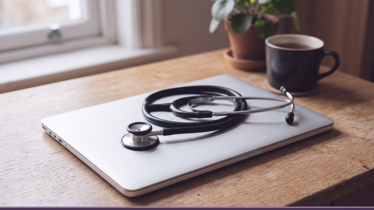 Stethoscope resting on a closed laptop on a wooden desk, a picture of uptime monitoring tools checking on a WordPress site